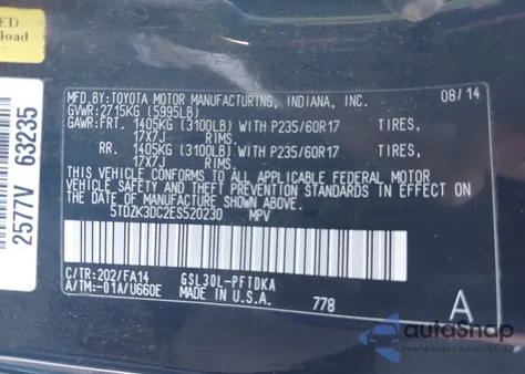 2014 Toyota Sienna L V6 7 Passenger z USA, uszkodzony, nr VIN 5TDZK3DC2ES520230